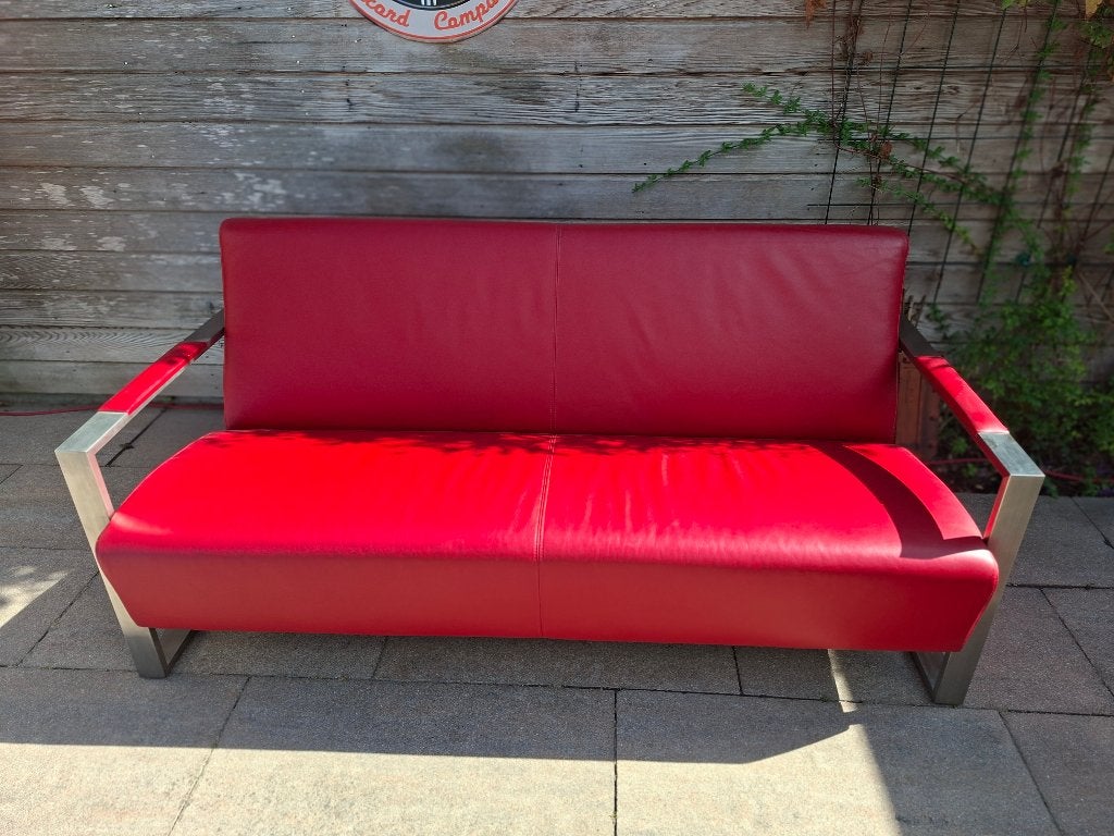 Montel 2-zitsbank rood leer met metalen frame, Ophalen, Zo goed als nieuw, Modern, Leer