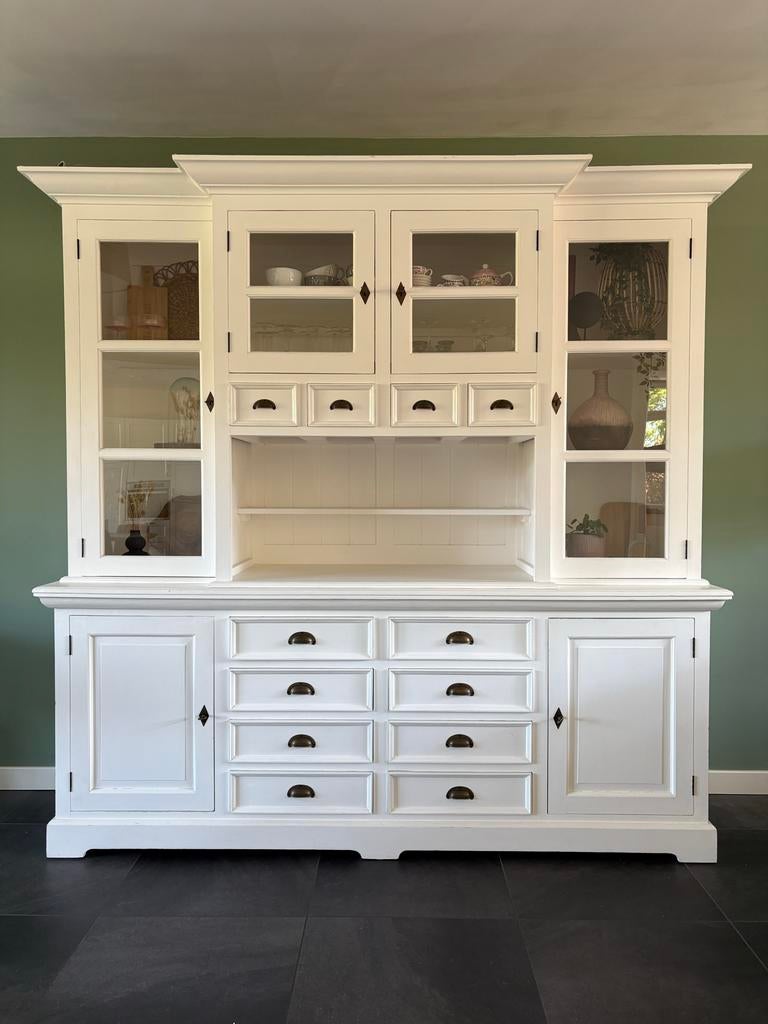 Witte buffetkast met vitrine en lades, Ophalen, Gebruikt, 200 cm of meer, 200 cm of meer