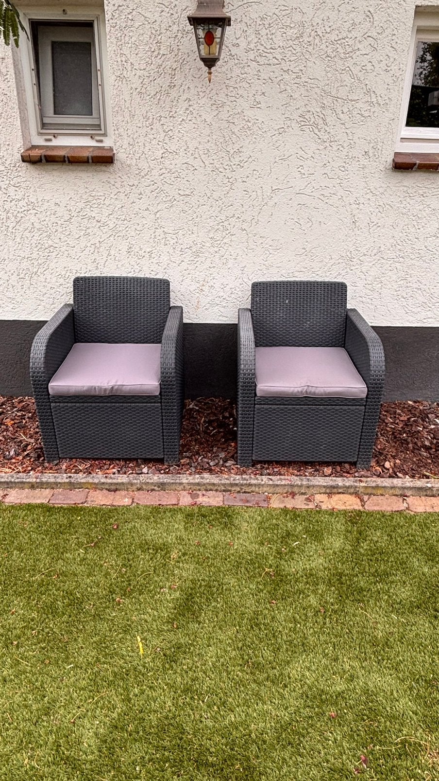 Loungeset bank + 2 stoelen inclusief kussens, Tuin en Terras, Ophalen, 4 zitplaatsen, Kunststof, Gebruikt