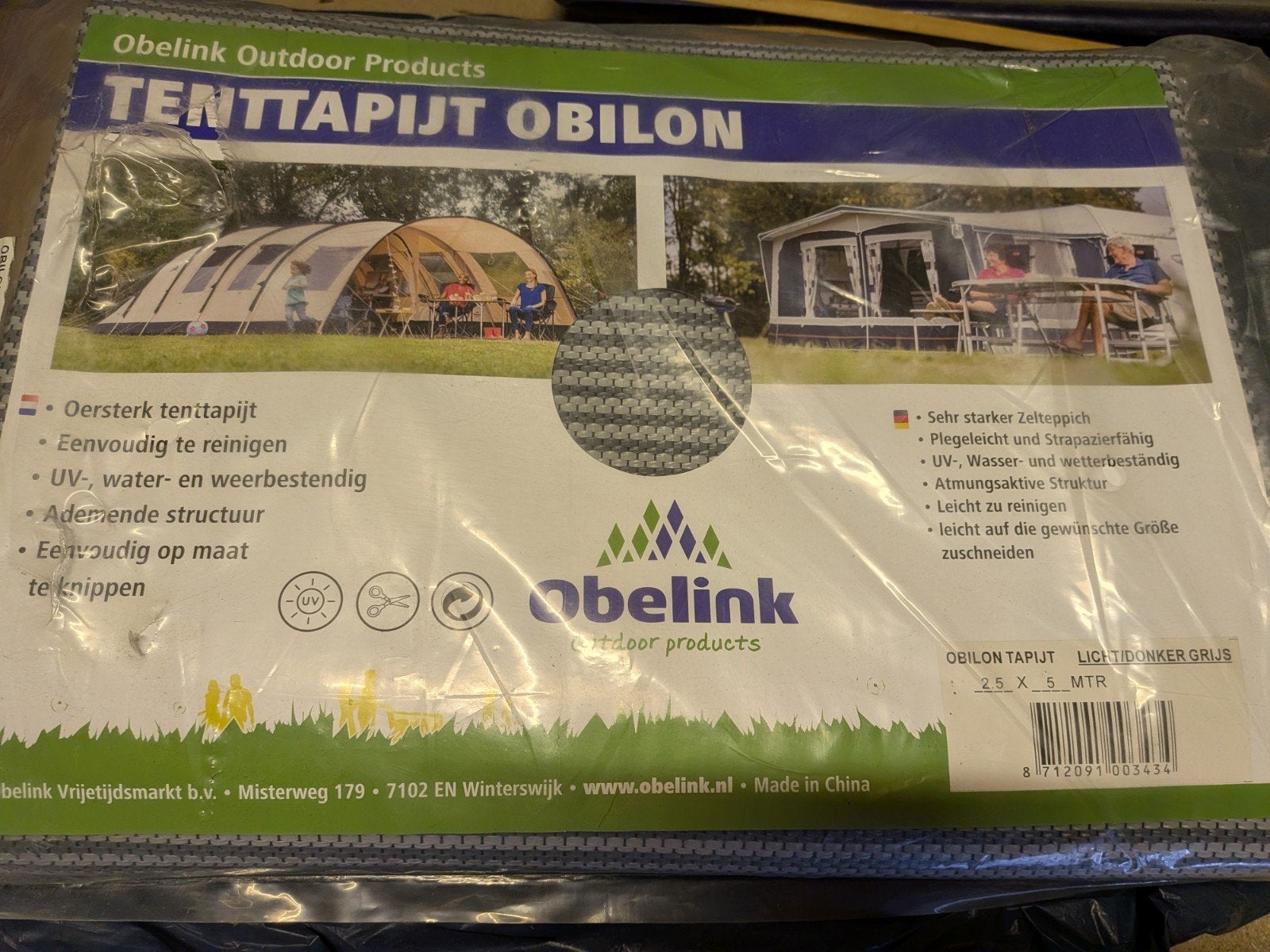 Obelink Tenttapijt Obilon 5x2,5 meter - Licht/Donker Grijs, Ophalen of Verzenden, Nieuw