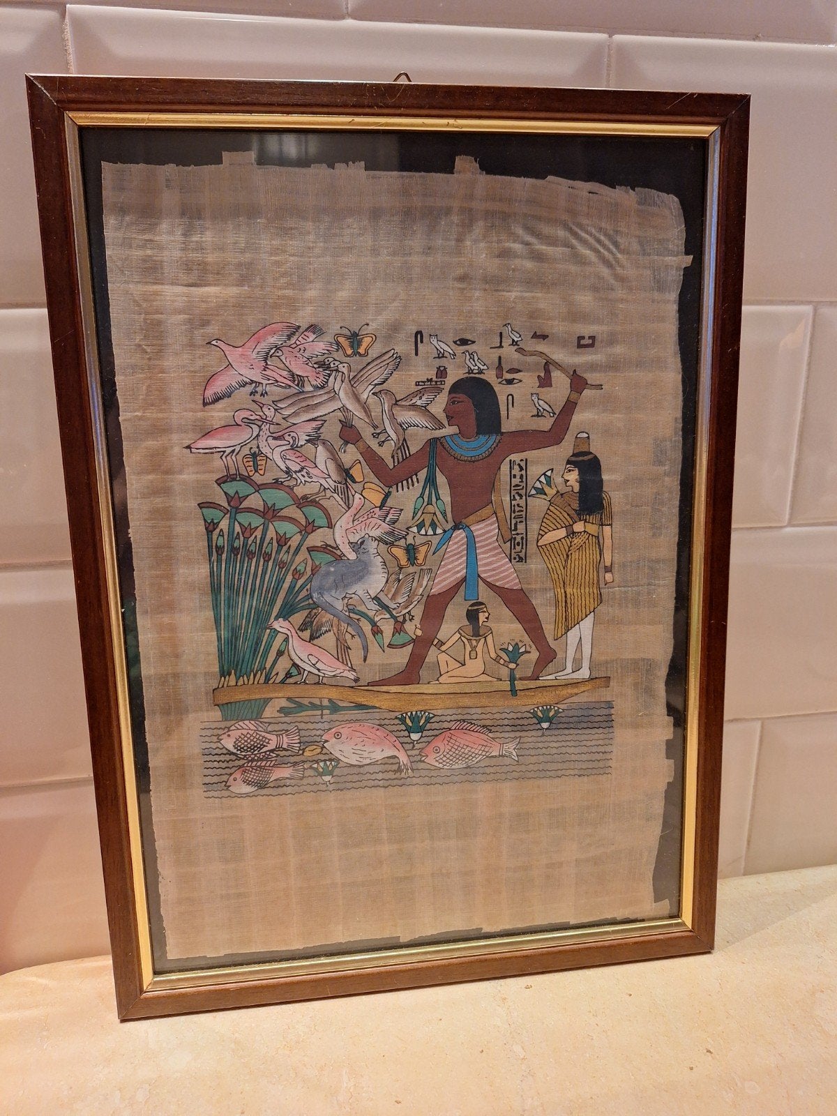 Ingelijste Egyptische papyrus met jachttafereel, Antiek en Kunst, Kunst | Niet-Westerse kunst, Schilderij, Ingelijst, Ophalen of Verzenden