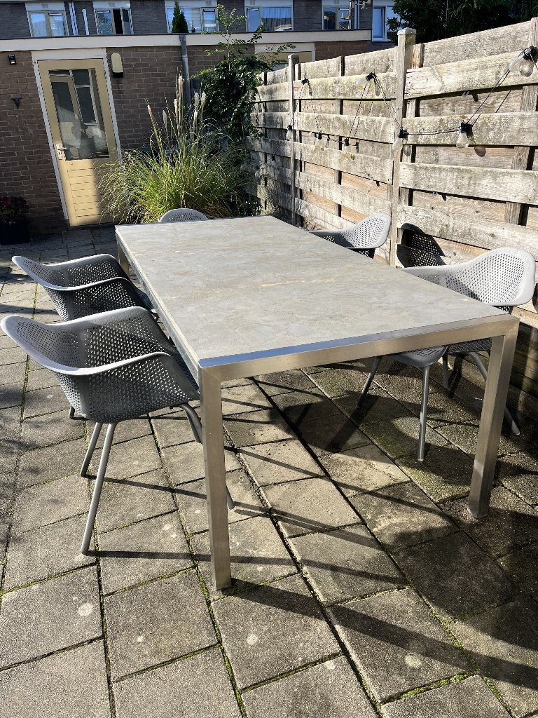 Tuintafel met RVS frame en HARDSTENEN blad., Ophalen, Gebruikt, Eettafel, 8 zitplaatsen