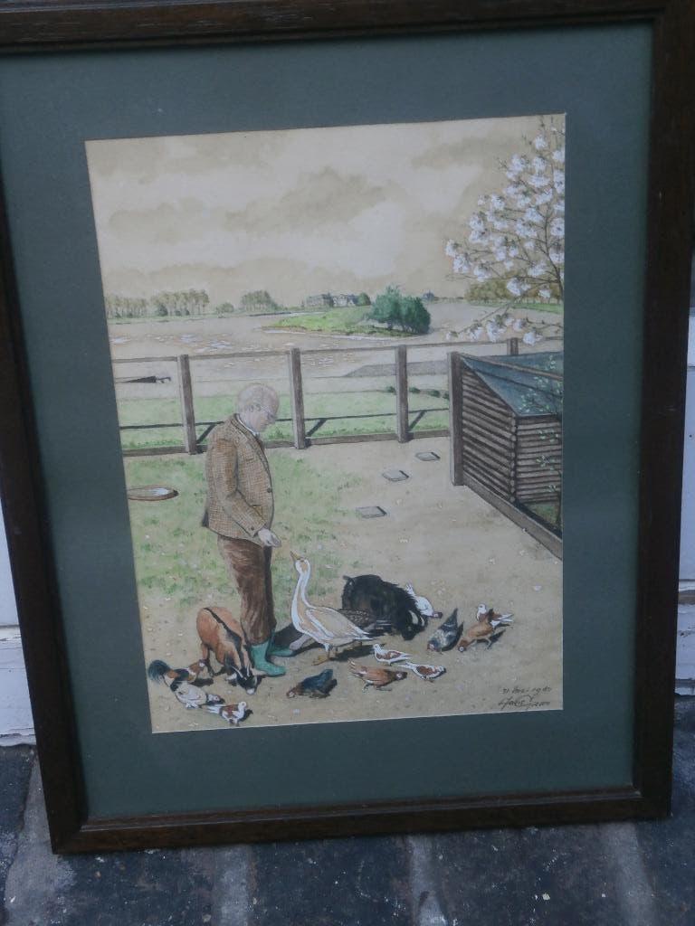 HANS GIEZEN, Mooie Aquarel/Pastel Dieren voeren bij het Hok, Ophalen of Verzenden