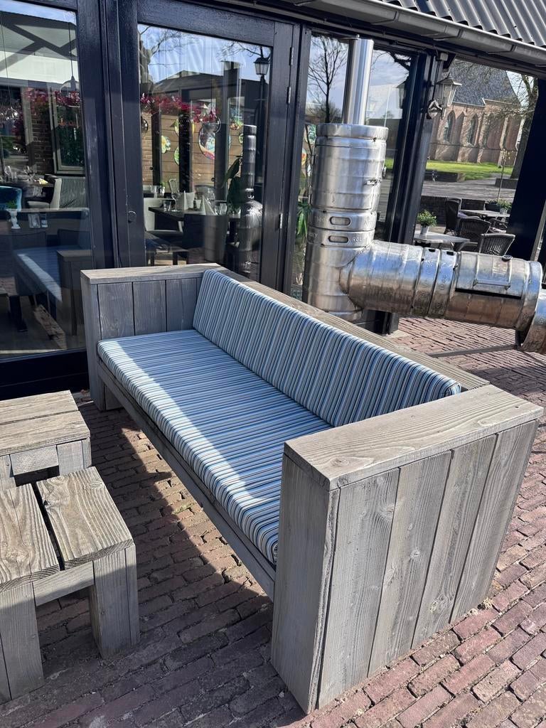 6 loungebanken met kussens horeca kwaliteit, Ophalen, Gebruikt, Steigerhout, Loungeset