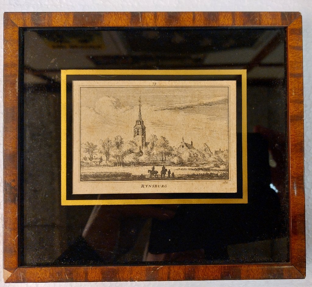 Gravure van de Grote Kerk Rijnsburg Abdij Ingelijst Antiek, Ophalen of Verzenden, Landschap, Gravure