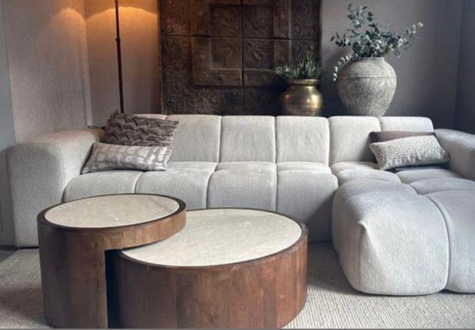 Eleonora Hazel Salontafel Marmer Mangohout, Huis en Inrichting, Tafels | Salontafels, Nieuw, Rond, Overige houtsoorten, Ophalen of Verzenden