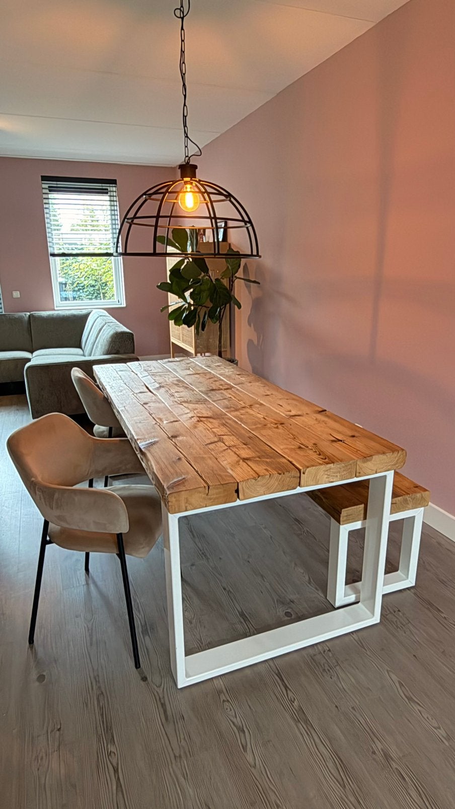 Eettafel met bijbehorend bankje, Ophalen, Eikenhout, 200 cm of meer, 50 tot 100 cm