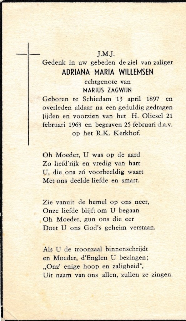 Willemsen Adriana 1897 Schiedam 1963, Ophalen of Verzenden, Bidprentje