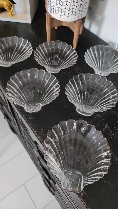 Vintage gebaksbordjes helder glas schelp 6x, Gebruikt, Overige merken, Ophalen of Verzenden, Glas