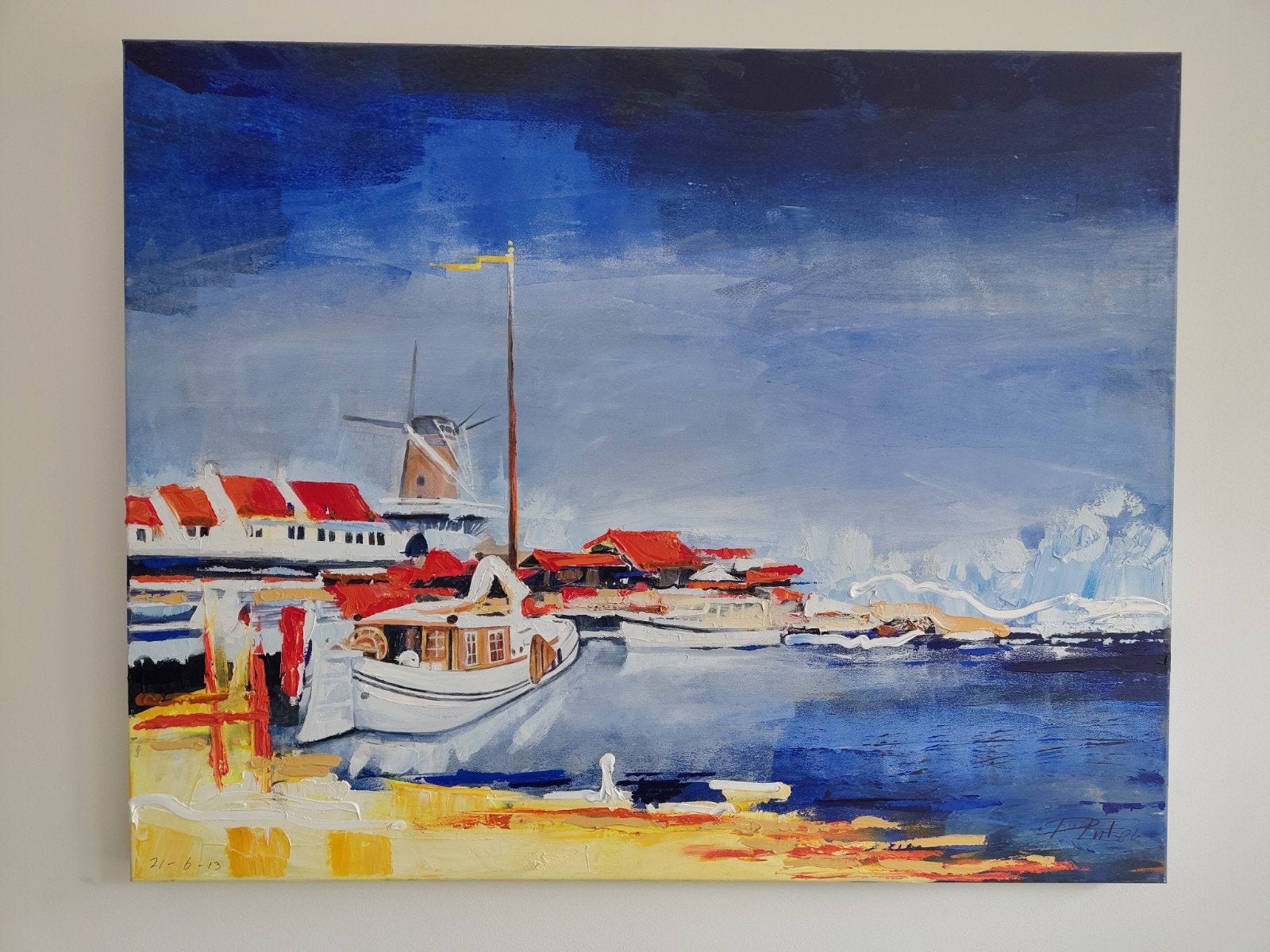 Doek 'De haven van Wijk bij Duurstede' - Peter Enter (2013), Antiek en Kunst, Kunst | Schilderijen | Abstract, Ophalen