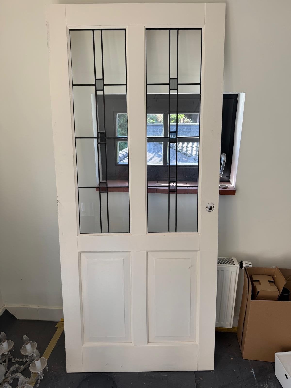 Witte stompe binnendeur met glas is lood 83x211, Ophalen, Glas, Binnendeur, 200 tot 215 cm