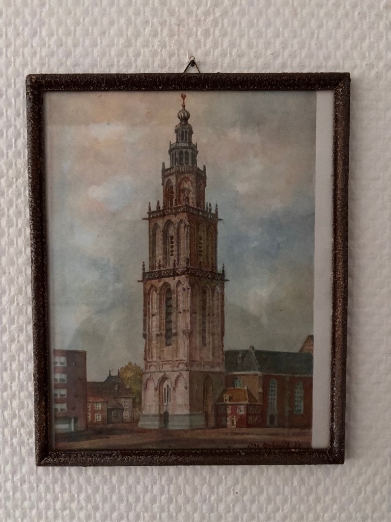Vintage prent Martinitoren Grote Markt in Groningen in lijst, 1960 tot 1980, Gebruikt, Ophalen of Verzenden, Gebouw