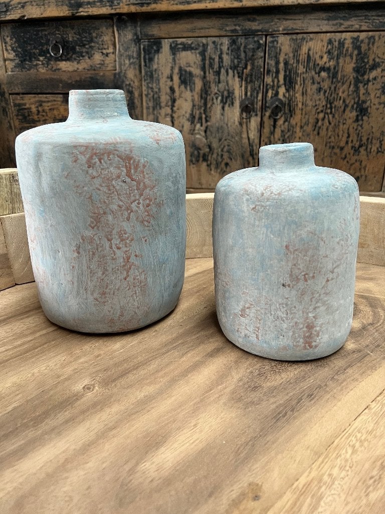 2 blauw bruinige kruik pot vaas uit indonesie keramisch set, Verburgt Vintage, Rond, Nieuw, Ophalen of Verzenden