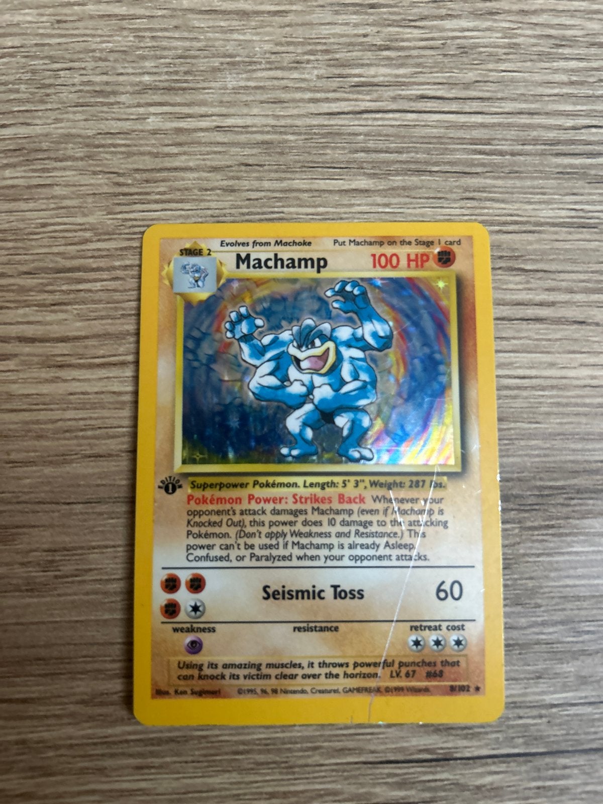Pokémon Machamp 8/102 Holo Base Set 1st Edition, Hobby en Vrije tijd, Verzamelkaartspellen | Pokémon, Ophalen, Gebruikt, Losse kaart