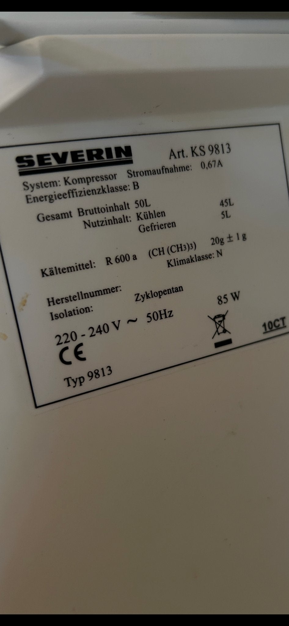 Severin KS 9813 Mini Koelkast met Vriesvak - 50L, Ophalen, Gebruikt, Minder dan 85 cm, Minder dan 75 liter