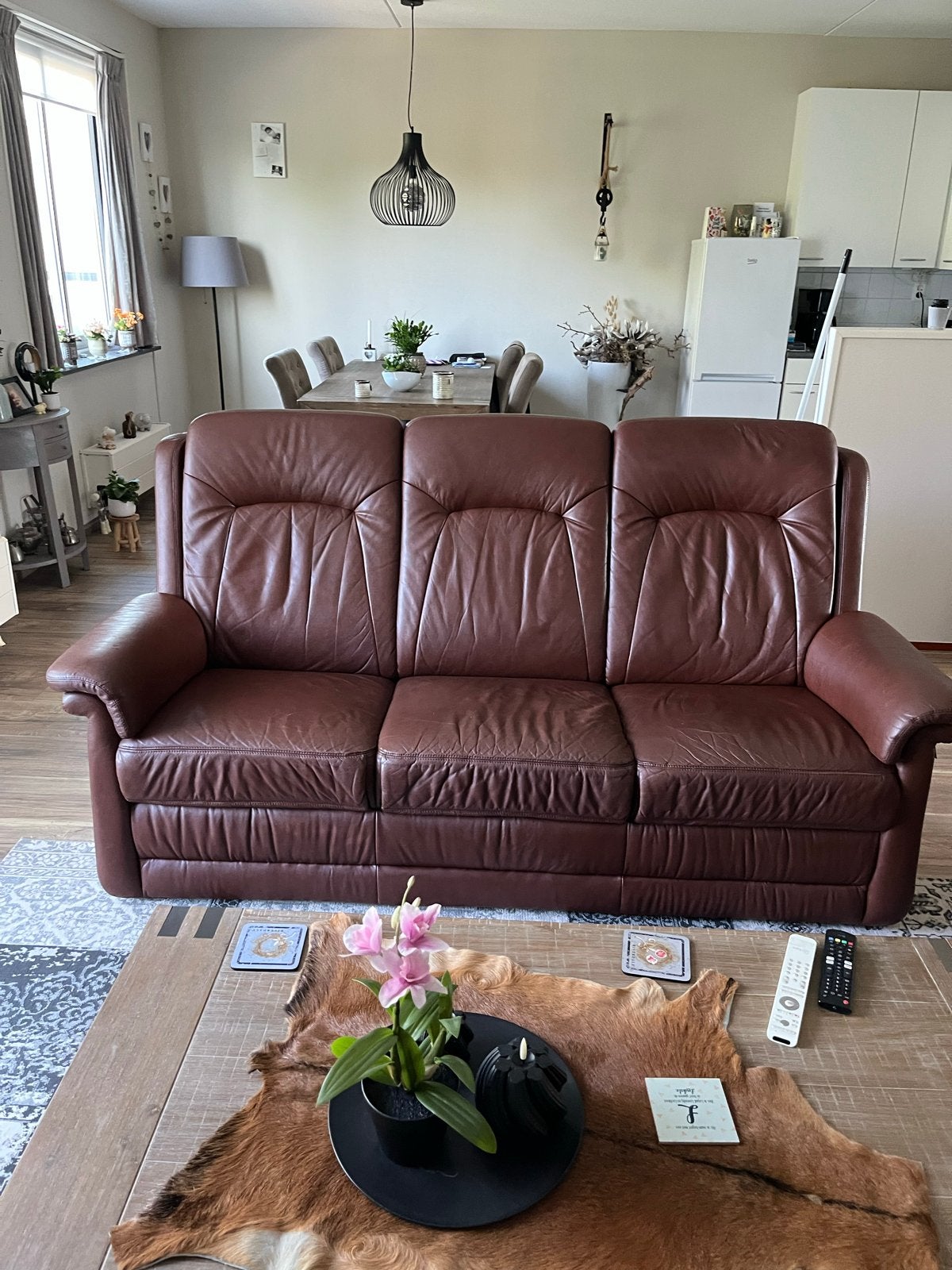 Leren 3-zitsbank en fauteuil, Ophalen, Gebruikt, Driepersoons, Rechte bank
