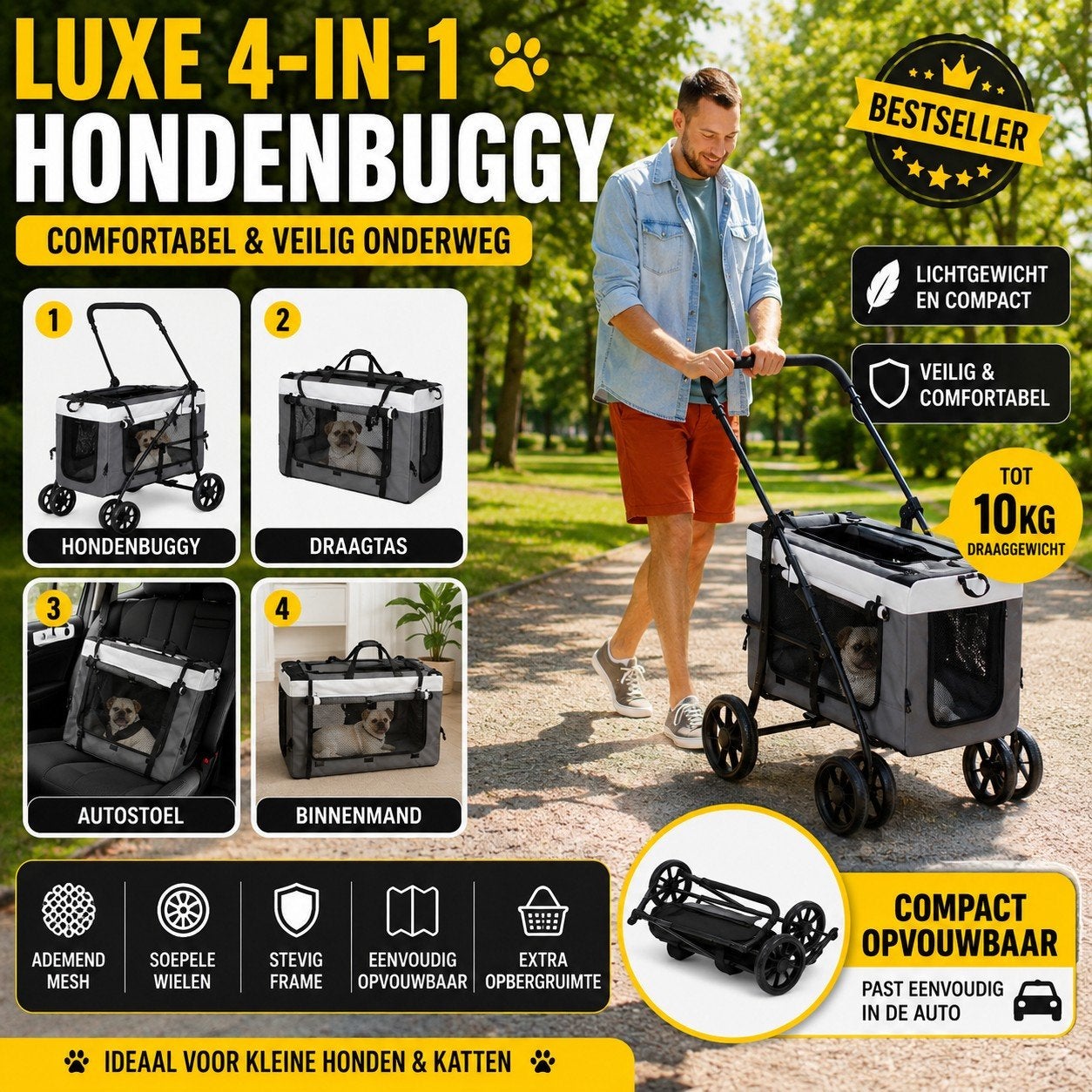 Luxe 4-in-1 Hondenbuggy voor Hond & Kat – Opvouwbaar, Dieren en Toebehoren, Verzenden, Nieuw