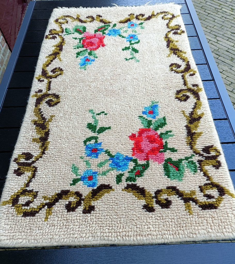 Origineel vintage smyrna loper tafelkleed bloem 68x116 (GK1), Gebruikt, 150 tot 200 cm, Rechthoekig, 50 tot 100 cm