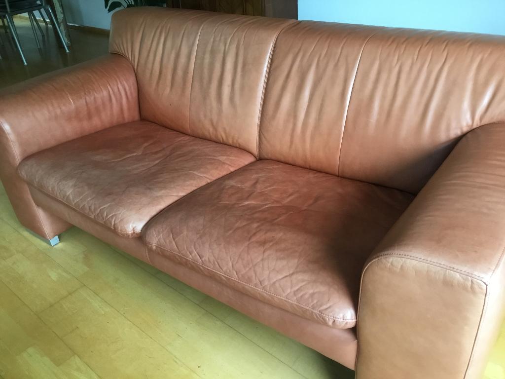 Bruin leren 2,5 zits bank, Ophalen, Gebruikt, Minder dan 75 cm, 150 tot 200 cm