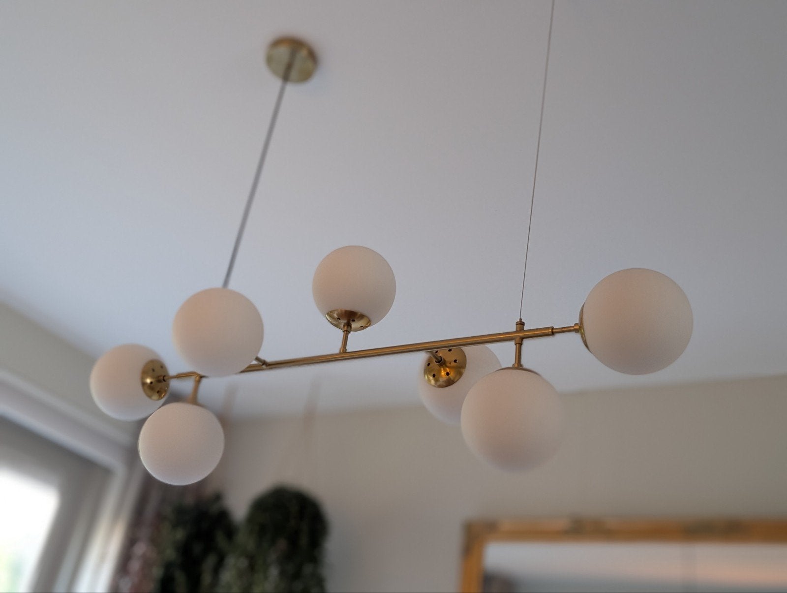 Moderne Hanglamp met Melkglas Bollen - Goudkleurig, Ophalen, E14 (klein), Zo goed als nieuw, Modern, Retro, Scandinavisch