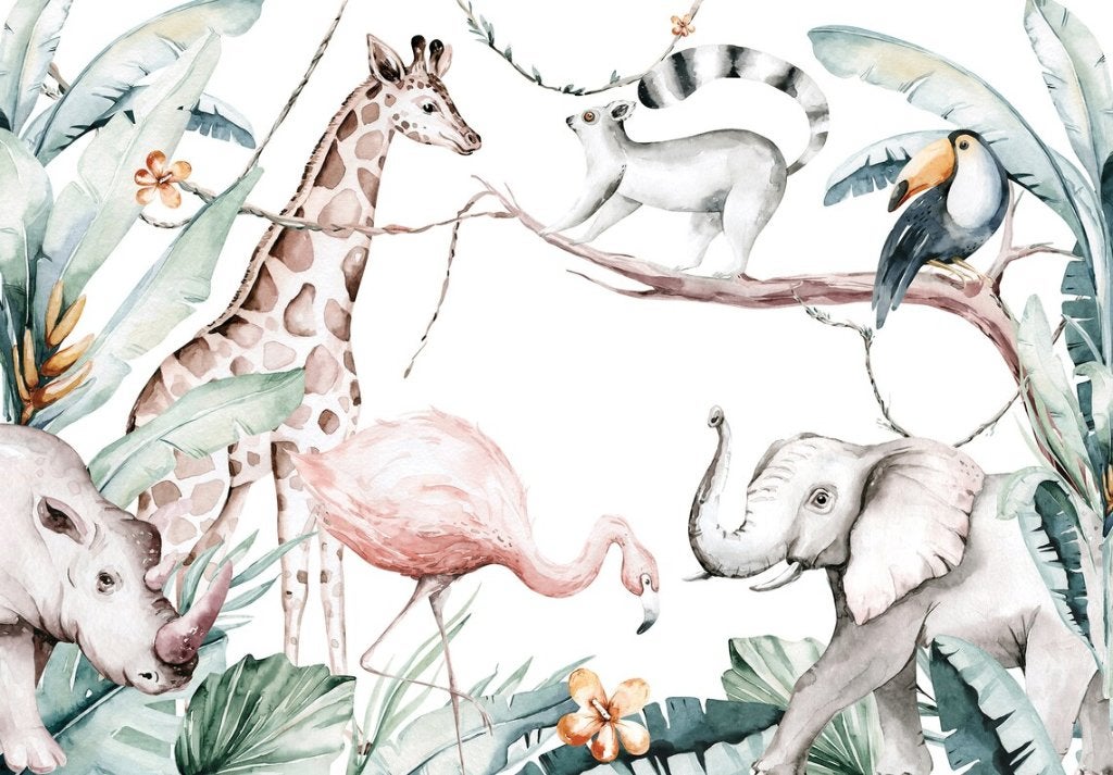 Aquarel jungle behang Paradise Animals | Muurdeco4kids, Huis en Inrichting, Verzenden, Fotobehang