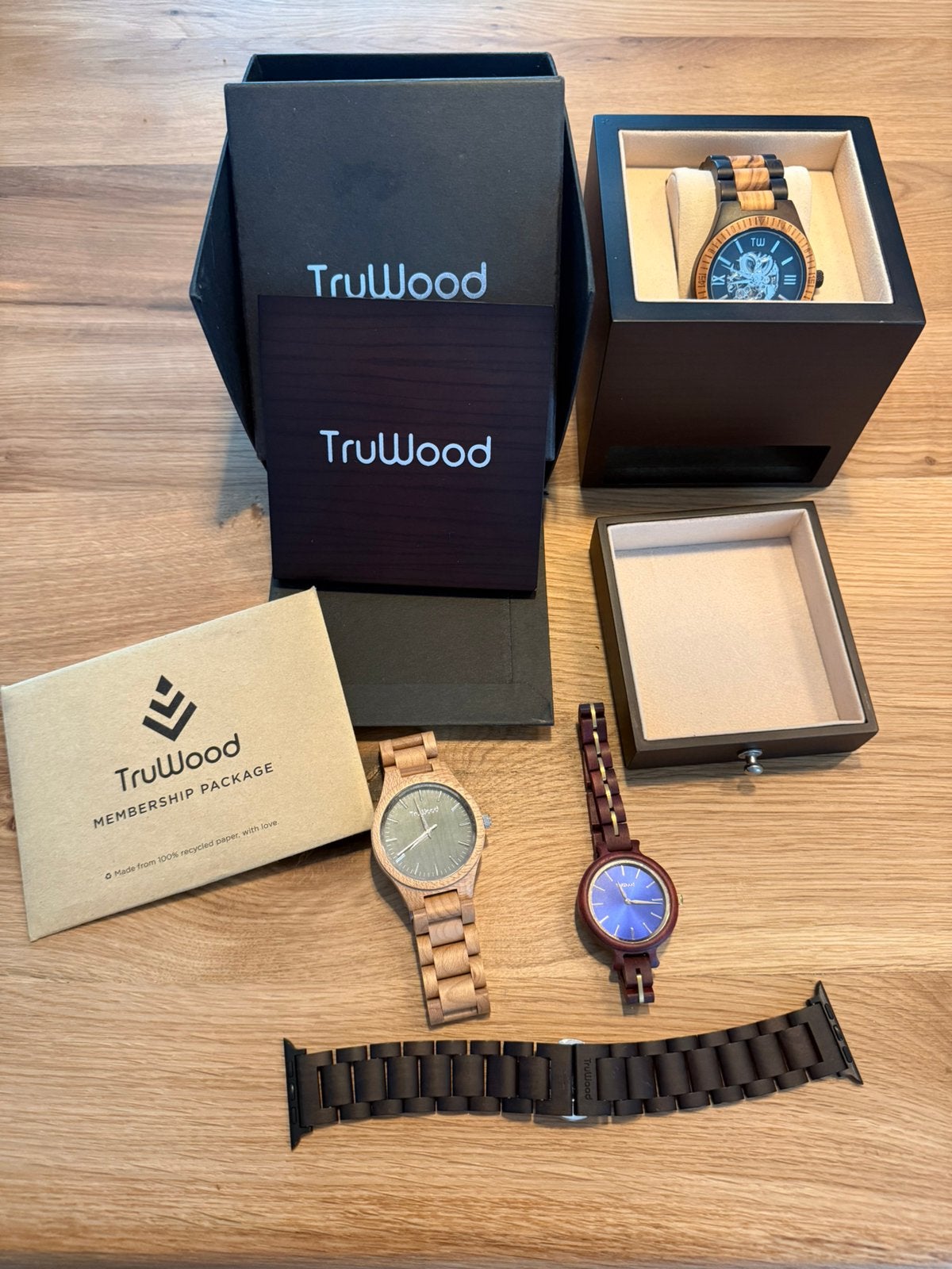 TruWood Wooden Watch Collection – 3 Watches + band, Ophalen of Verzenden, Zo goed als nieuw, Overige merken