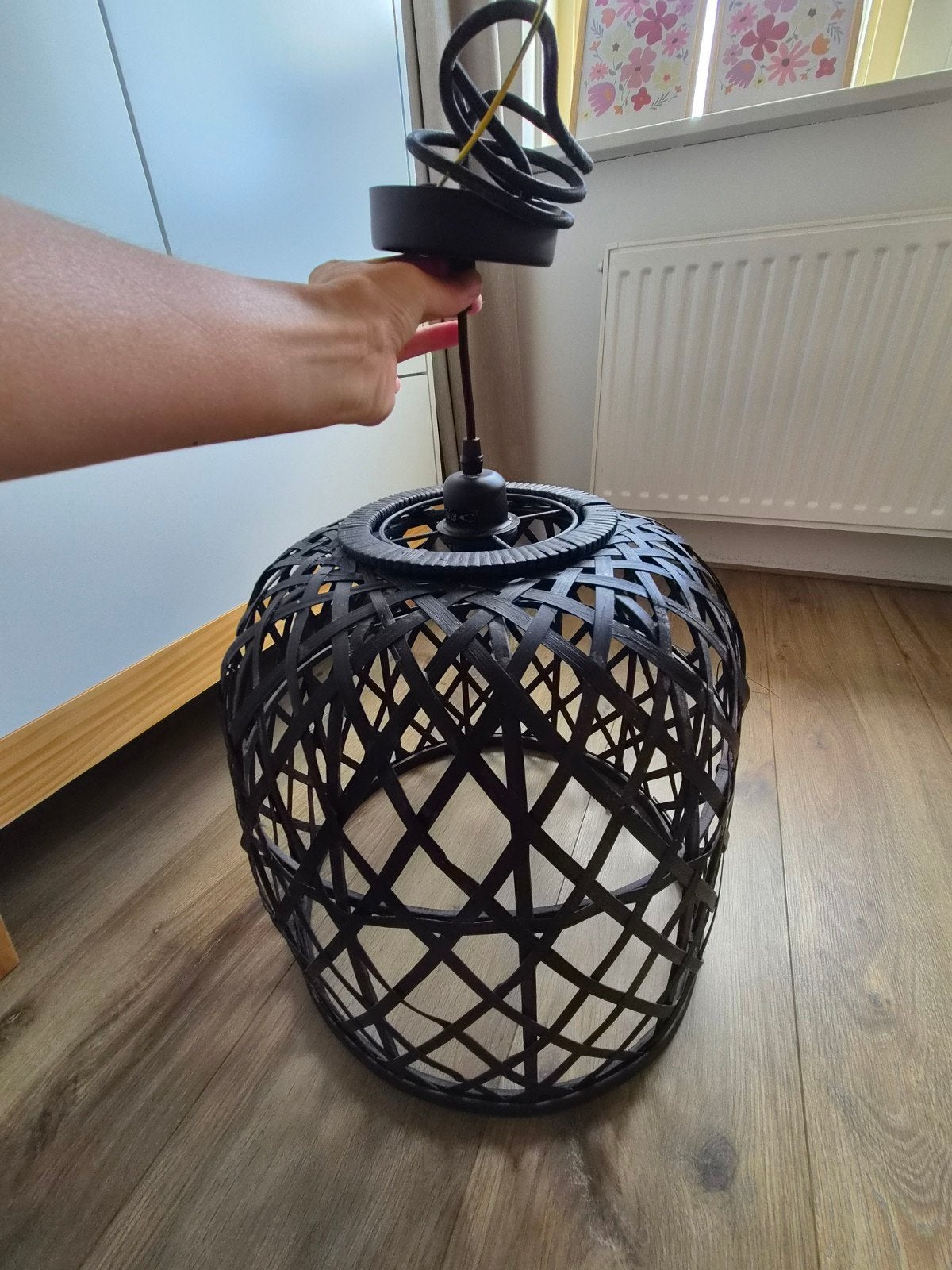 Zwarte bamboe hanglamp - Ø 40 cm, hoogte 38 cm, Huis en Inrichting, Ophalen, Gebruikt, Natuurlijk materiaal