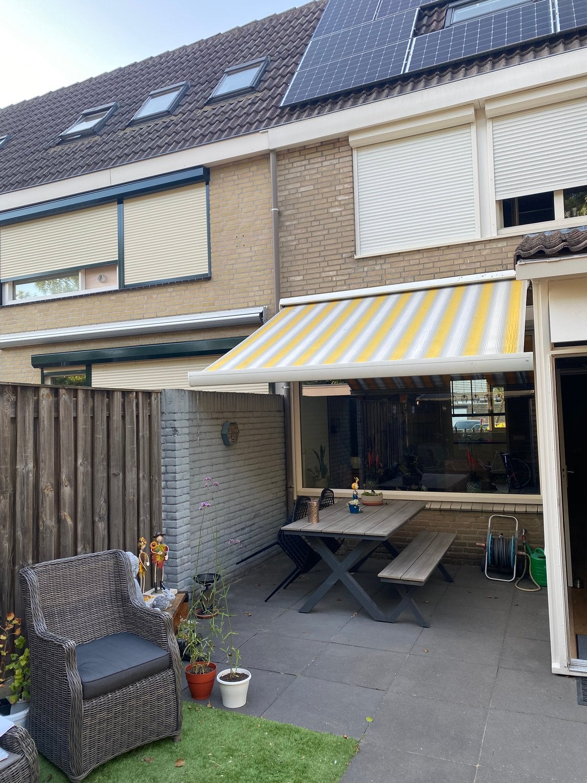 Knikarm scherm van optima hand bediend., Ophalen, Gebruikt, 150 tot 300 cm, 250 cm tot 450 cm