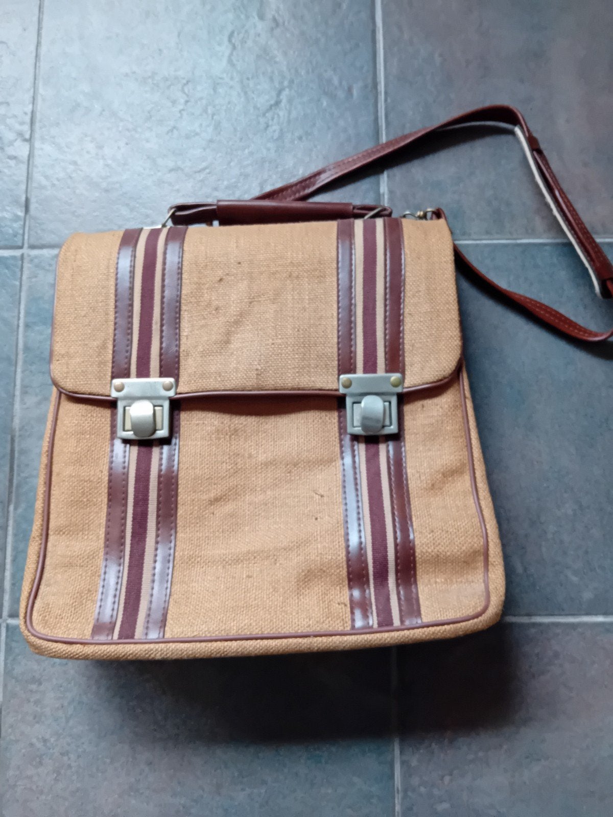 Vintage retro Aktetas Boekentas - tas Bruin met strepen, Bruin, Aktetas of Boekentas, Ophalen of Verzenden, 30 tot 40 cm
