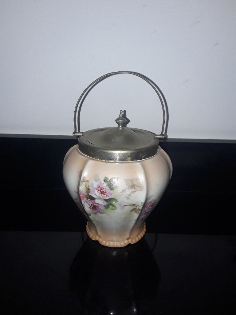 Antieke engelse blush koekjespot met rose rozen, Verzenden