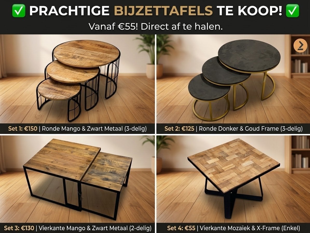 Mooie Sets Bijzettafels (Mango, Goud, Mozaïek) - Vanaf €55!, Rond, 55 tot 75 cm, Zo goed als nieuw, Hout
