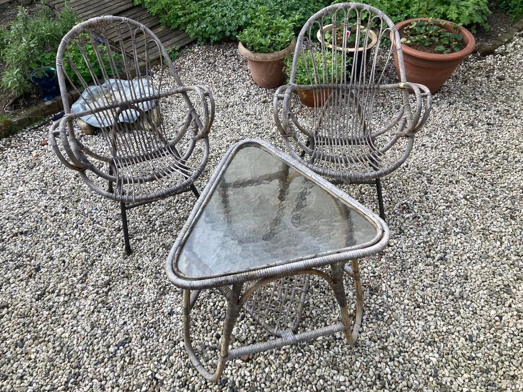 Rotan tuinset, tafel en 2 stoelen, Ophalen, Gebruikt, Stoel