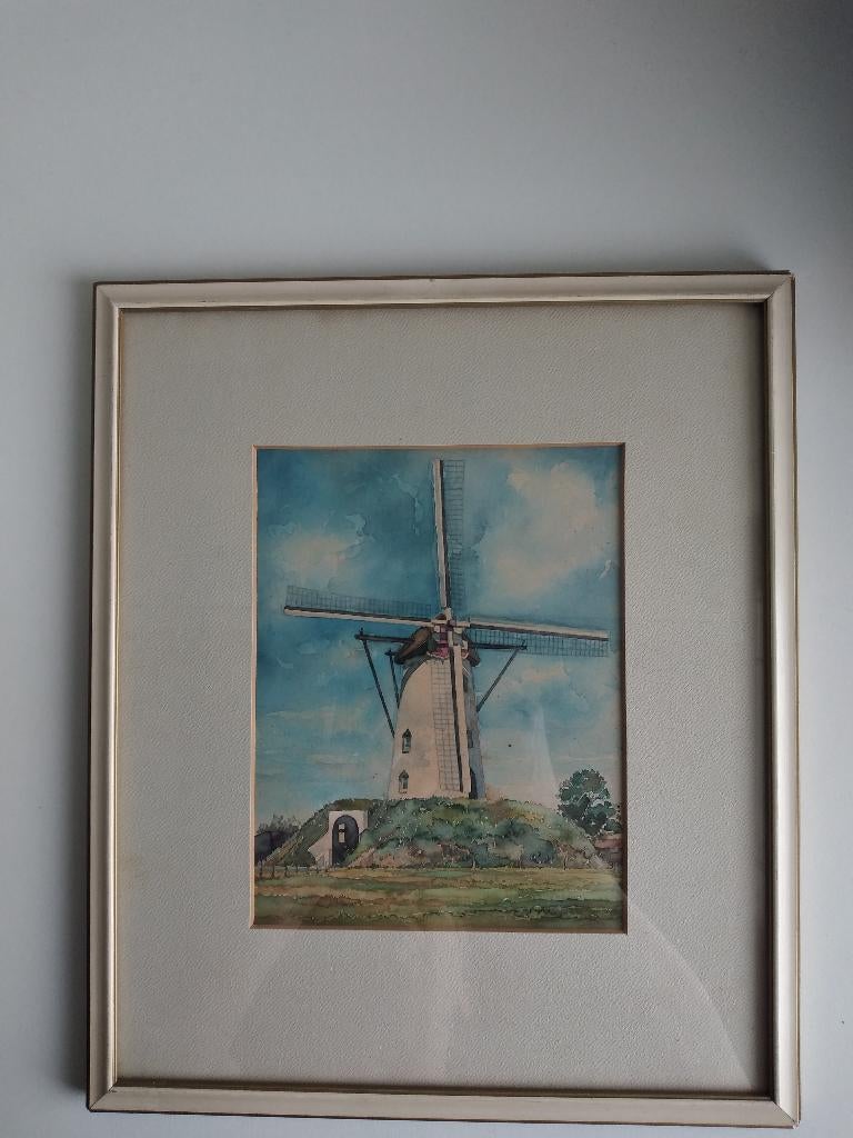 Originele Aquarel molen ingelijst circa1940-1950, Ophalen