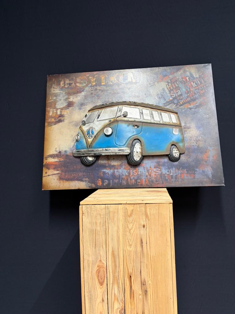 Metalen wandbord schilderij 3 D Volkswagen Bus blauw, Ophalen of Verzenden