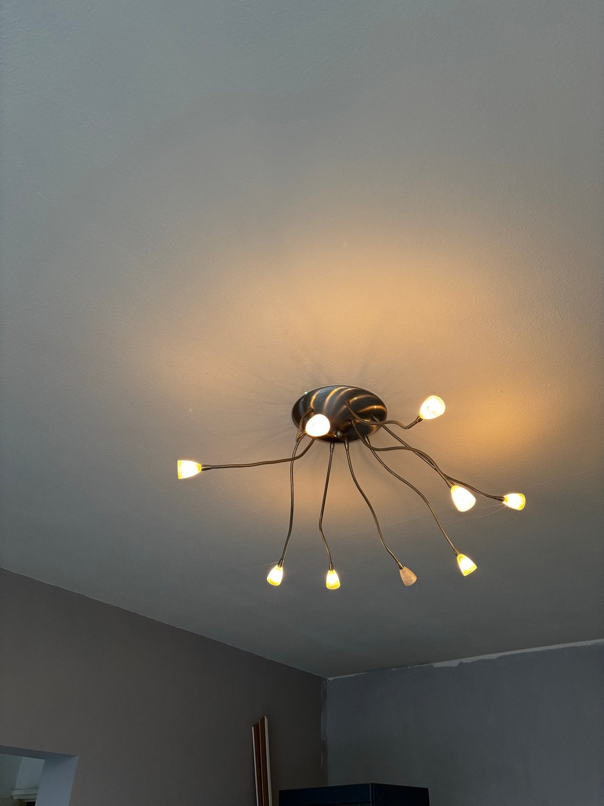 Plafondlamp met 9 flexibele armen en matglazen kelkjes, Huis en Inrichting, Gebruikt, Ophalen of Verzenden, Glas, Plafondlamp