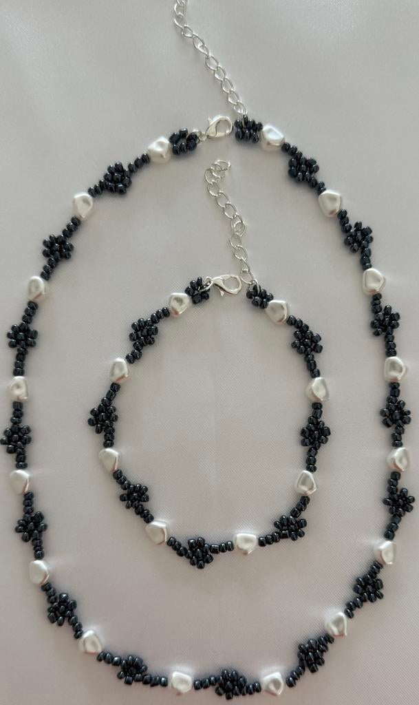 Navy Blue Daisy Necklace, Pearl Beaded Necklace, Handmade, Overige materialen, Verstelbaar, Nieuw, Verzenden
