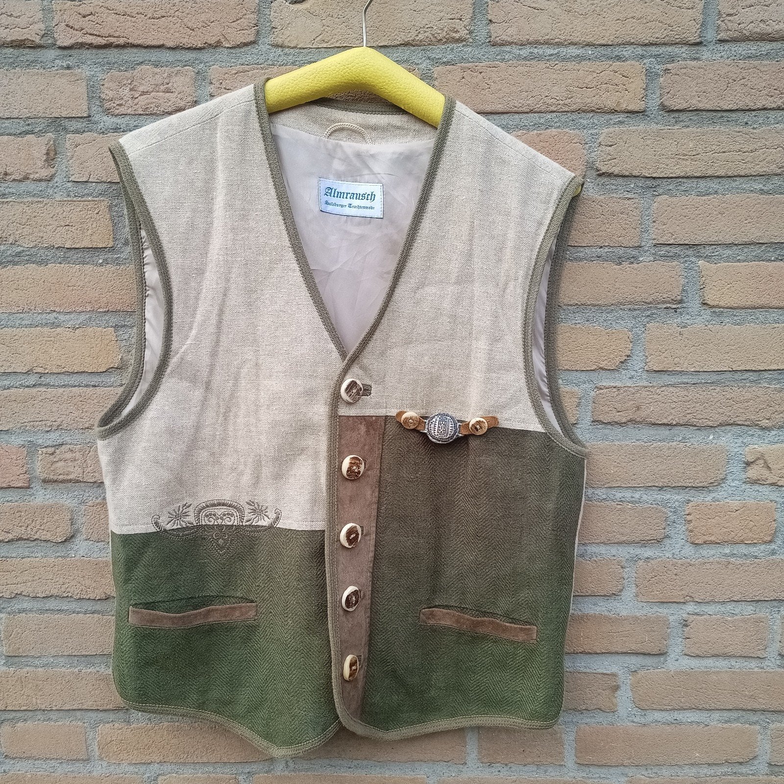 Tiroler 50 Almenrausch trachten gilet vest linnen Oktoberfes, Ophalen of Verzenden, Zo goed als nieuw, Maat 48/50 (M), Almenrausch