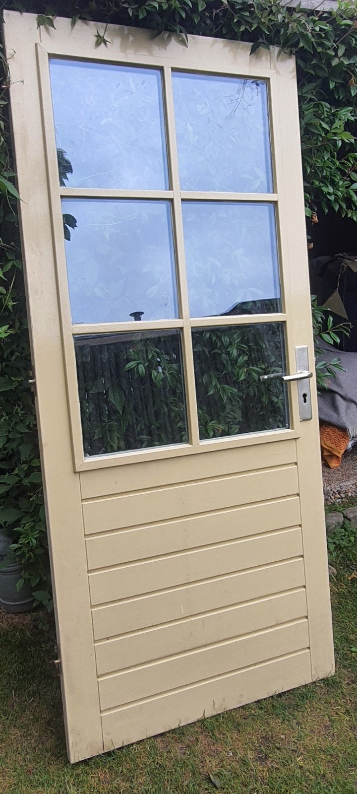 Achterdeur hard houten+ thermopane, Ophalen of Verzenden, Gebruikt, Buitendeur, 200 tot 215 cm