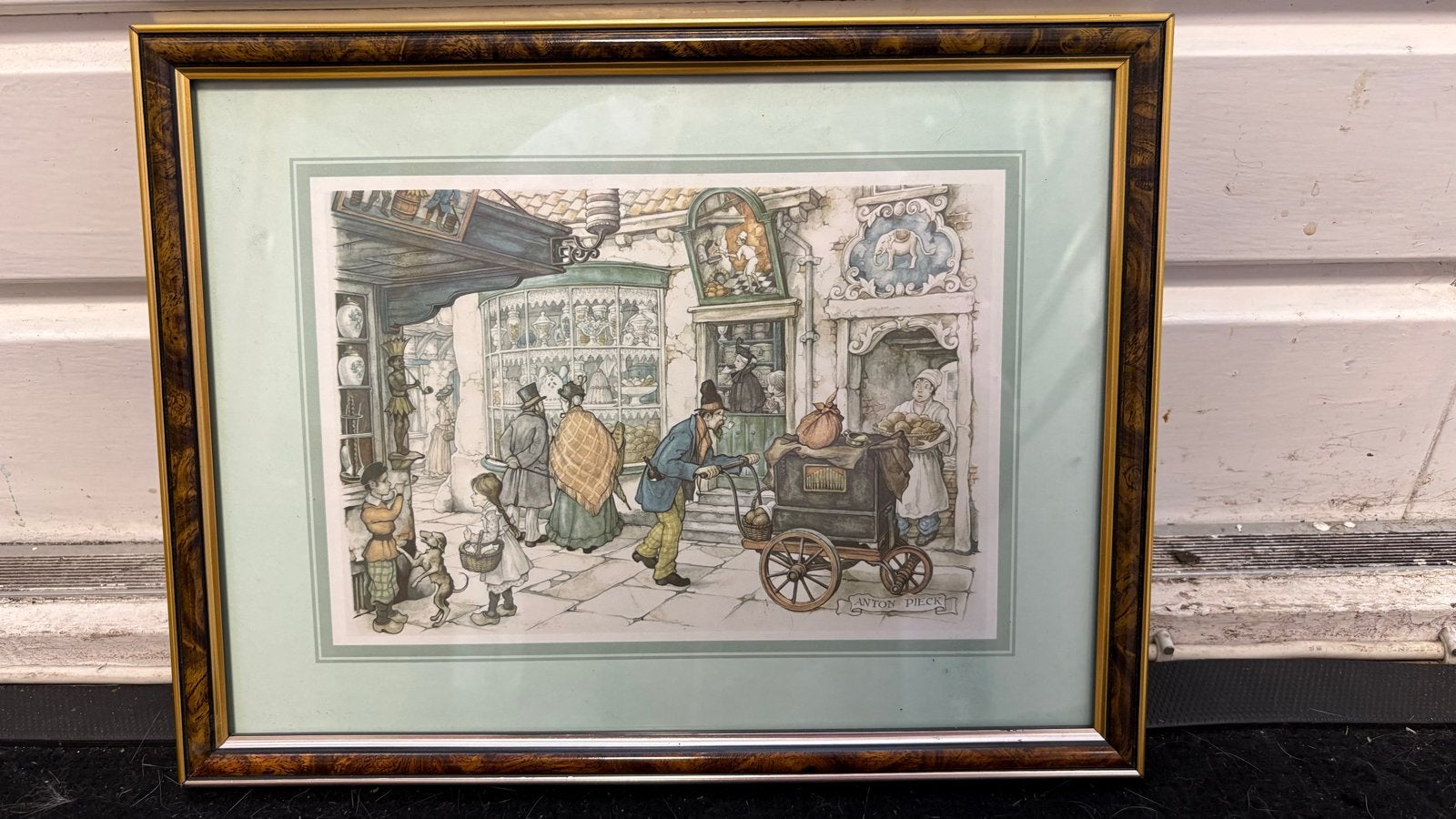 Anton Pieck ingelijste prent - Vintage straattafereel, Antiek en Kunst, Ophalen of Verzenden, Print, Prent, Achter glas