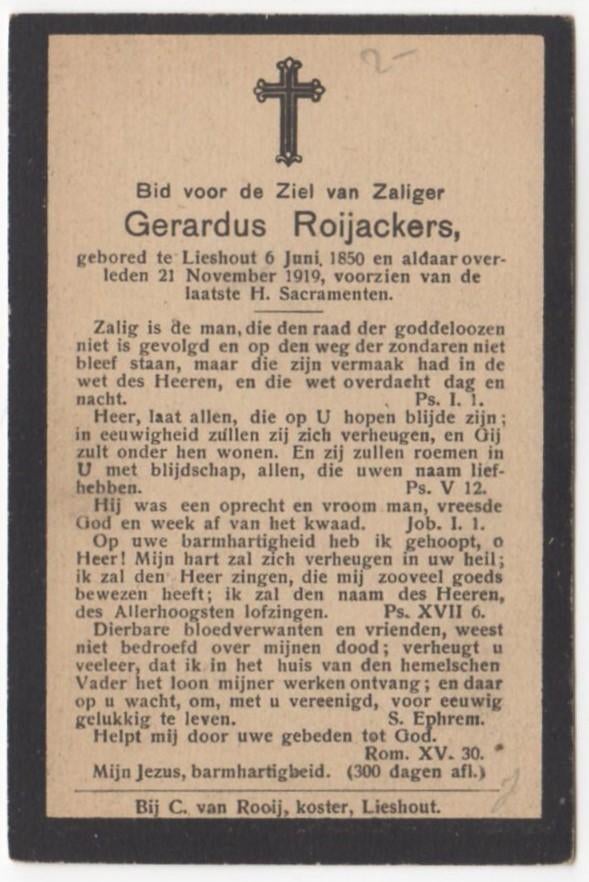 Gerardus Roijackers 1850 Lieshout + 1919 Lieshout, 69 jaar, Verzenden