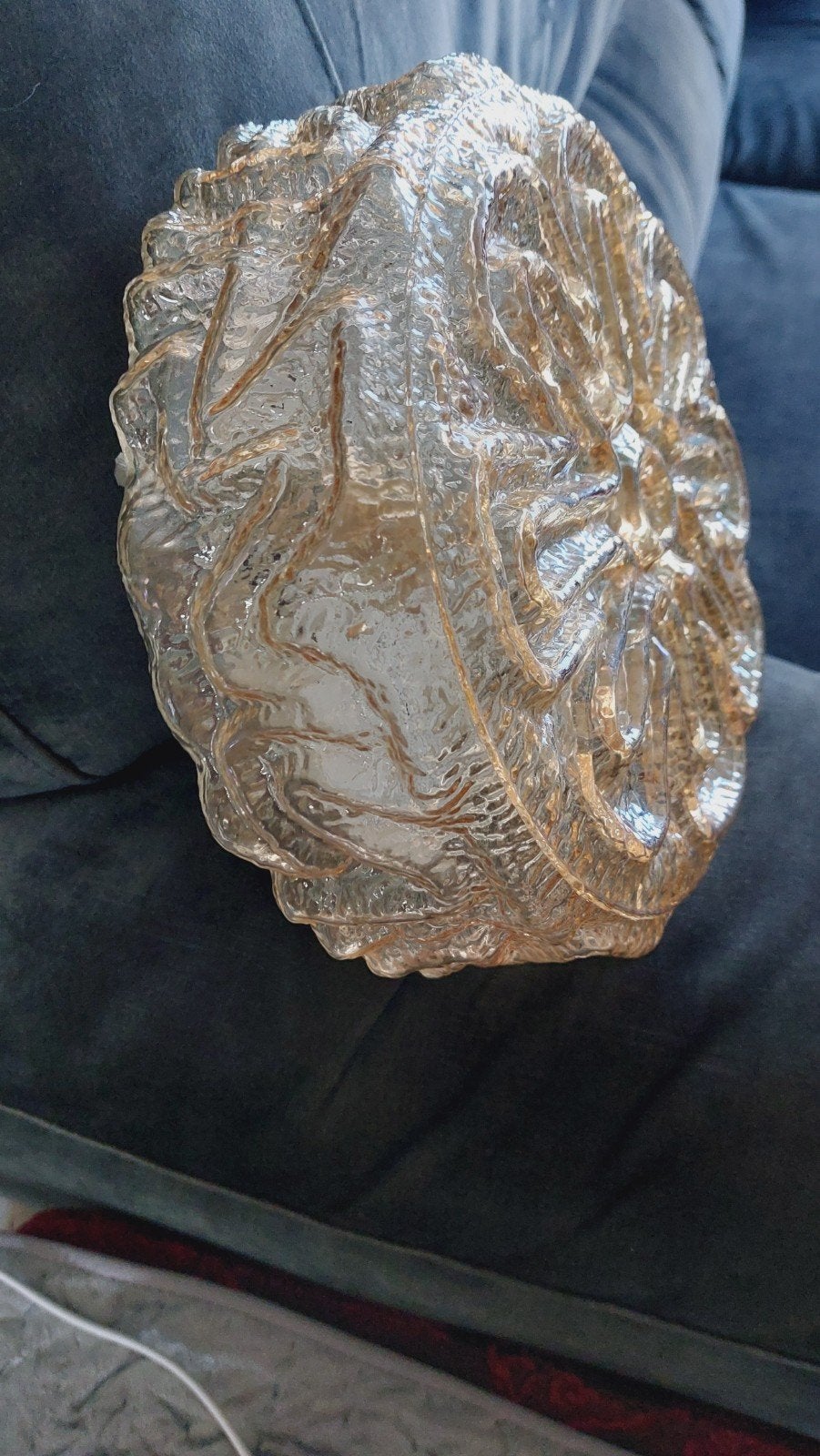 Vintage plafonnière glas amber goud kleurig, Huis en Inrichting, Lampen | Plafondlampen, Ophalen, Zo goed als nieuw, Glas
