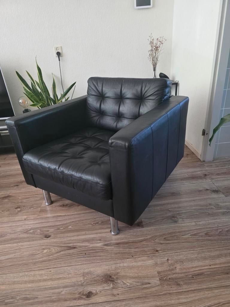 IKEA LANDSKRONA Fauteuil - Zwart leer/metaal, Gebruikt, 75 tot 100 cm, Ophalen of Verzenden, Leer