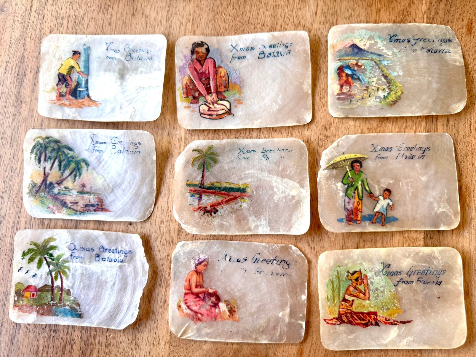set van 9 parelmoer antieke kerstgroet uit Batavia 1920/1940, Verzamelen, Ophalen of Verzenden, 1920 tot 1940, Buiten Europa