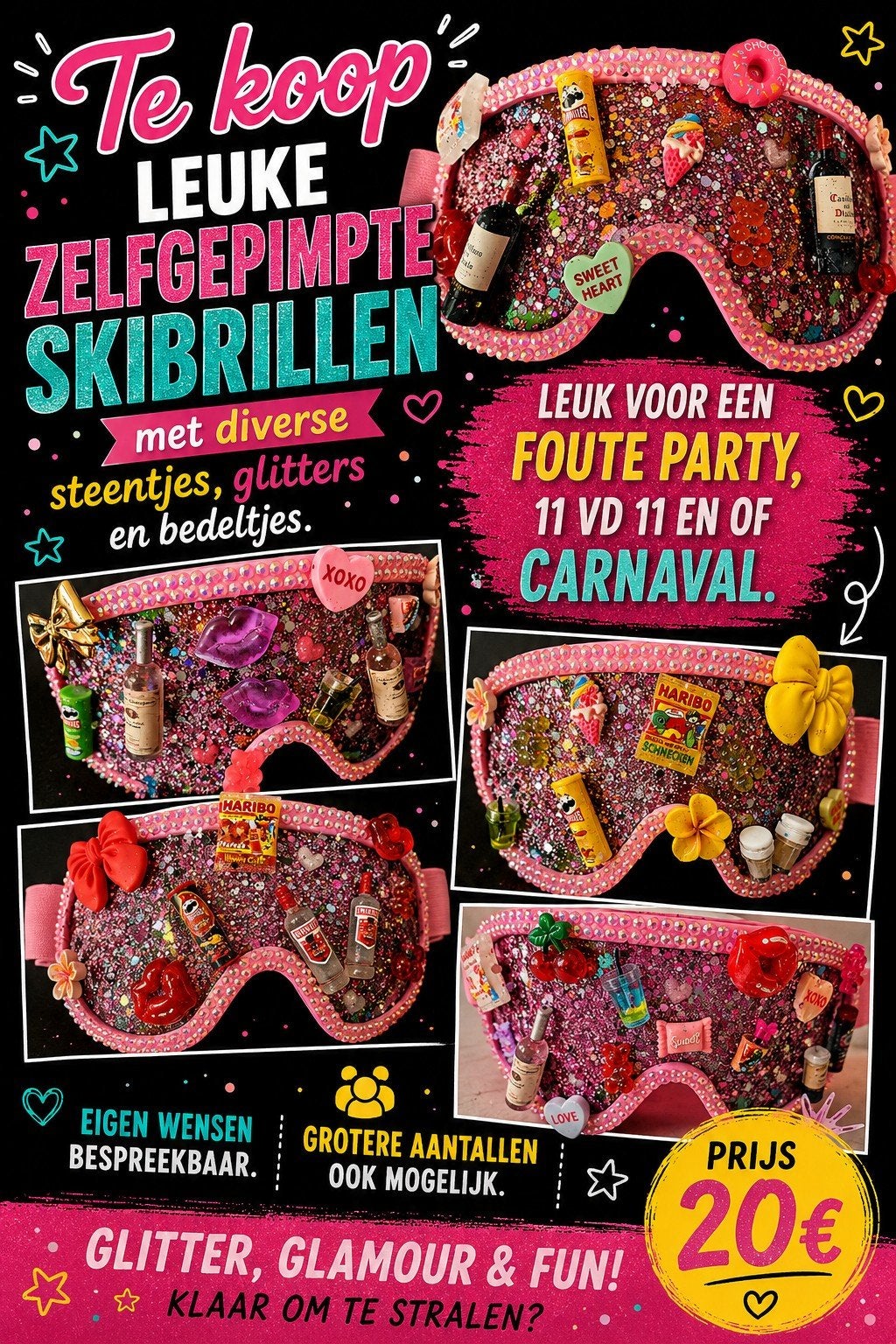 Unieke Roze Glitter Skibril met Leuke Bedeltjes, Maat 38/40 (M), Carnaval, Nieuw, Ophalen of Verzenden