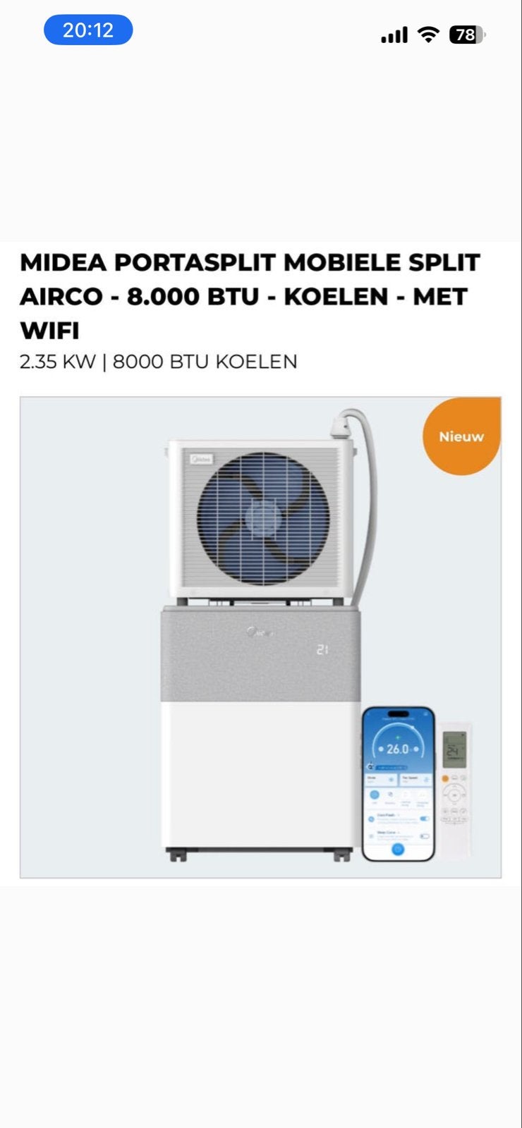 Midea PortaSplit Mobiele Split Airco - 8000 BTU - Koelen, Ophalen, Minder dan 60 m³, 3 snelheden of meer, Zo goed als nieuw