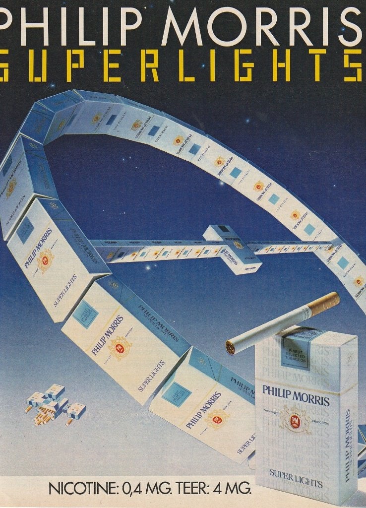 Retro reclame 1982 Philip Morris sigaretten ook in de ruimte, Verzamelen, Verzenden, Overige typen
