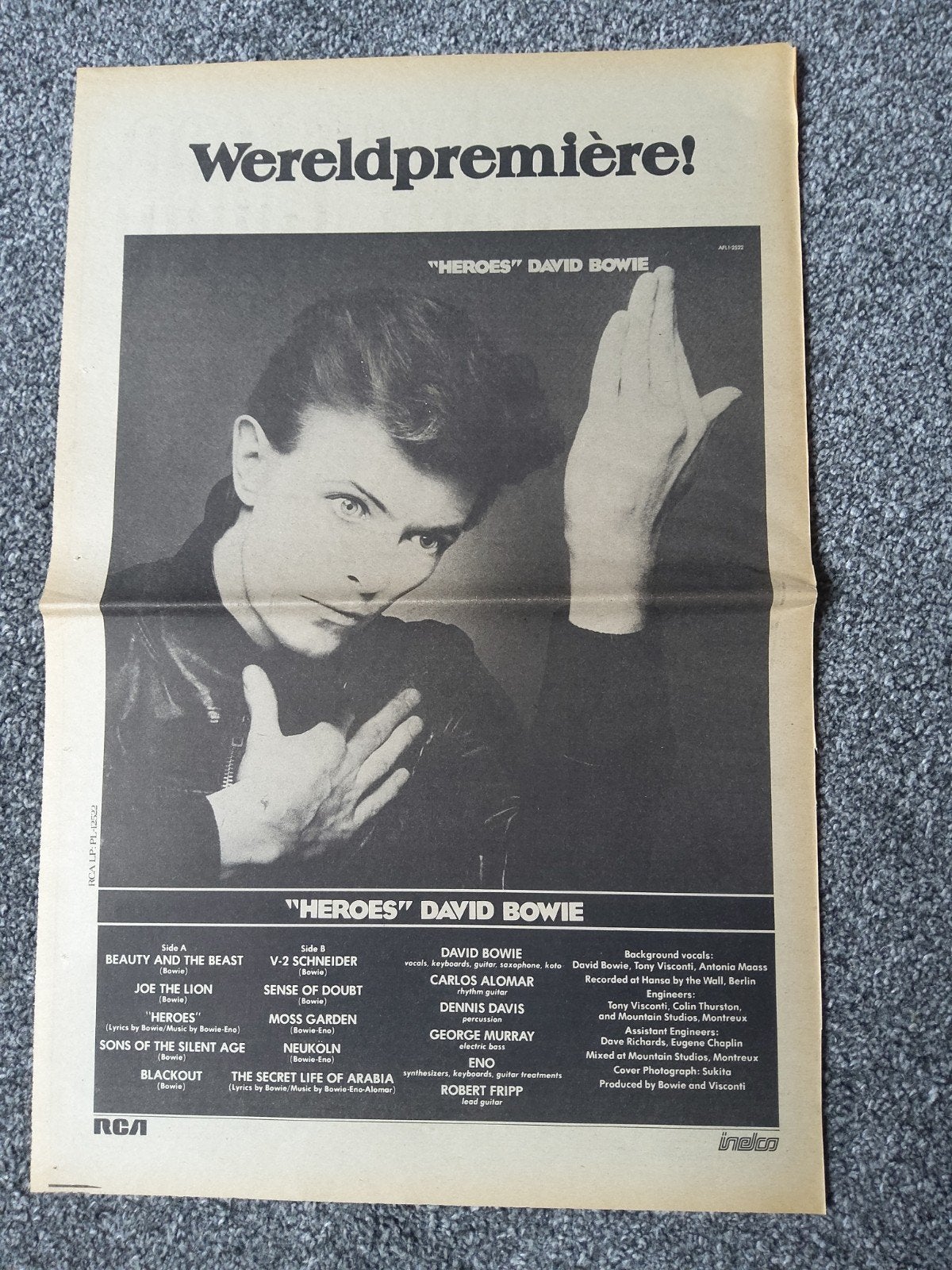 David Bowie:  Promo  Album Heroes op A3 formaat, Ophalen of Verzenden, Zo goed als nieuw, Foto of Kaart