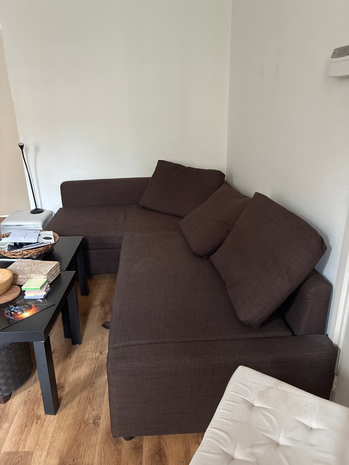 Bruine slaapbank met chaise longue en opbergruimte, Ophalen, Gebruikt, 100 tot 125 cm, Hoekbank