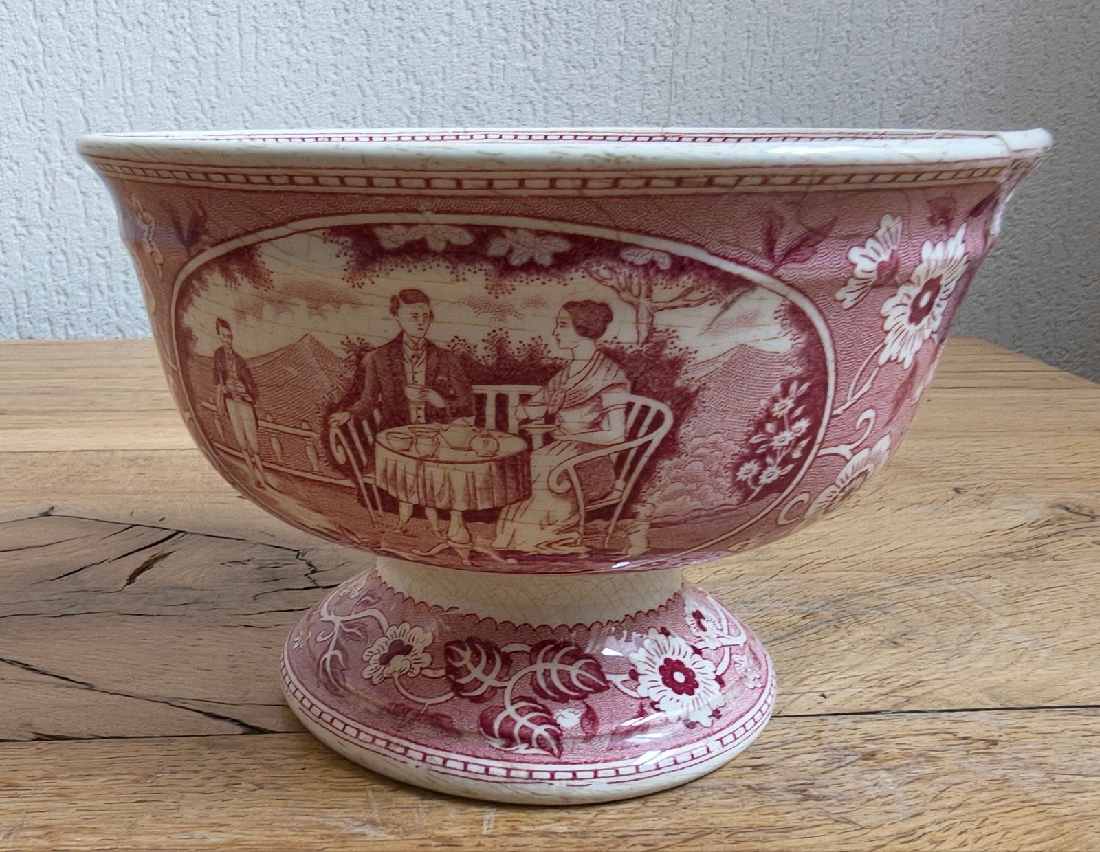 Antieke kom met rood-witte transferprint, Ophalen