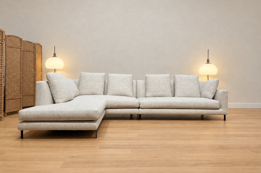 NIEUW Minotti Allen Hoekbank Ecru + GARANTIE | NP €18.500, Minotti, Nieuw, Www.designplaats.nl, Vierpersoons of meer